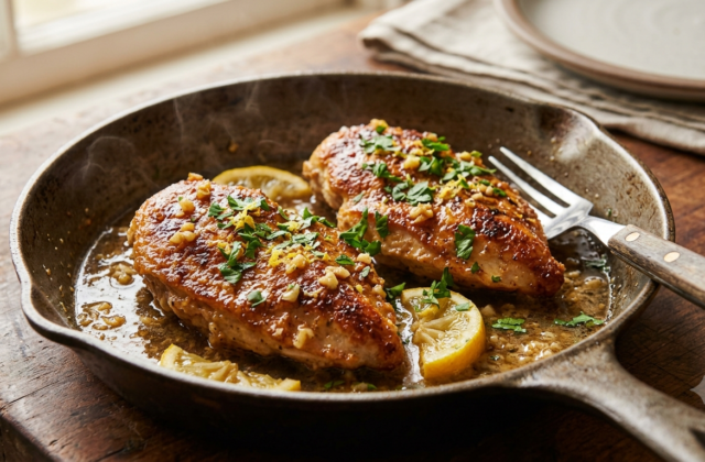 Crispy pan seared lemon garlic chicken breast cooked in a cast iron skillet with buttery pan sauce, fresh lemon slices, and parsley