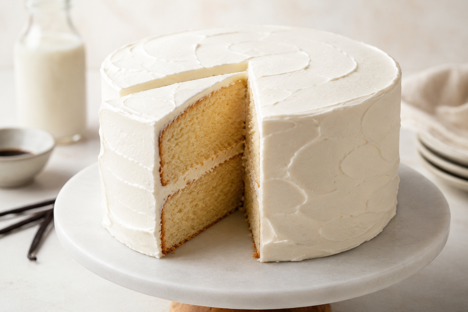 Slice of vanilla layer cake with creamy vanilla buttercream frosting on a white marble cake stand